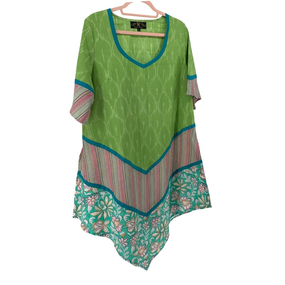 Nazila Couture Green Ikat Floral Asymmetrical Tunic South Asian Kurta Womens L
